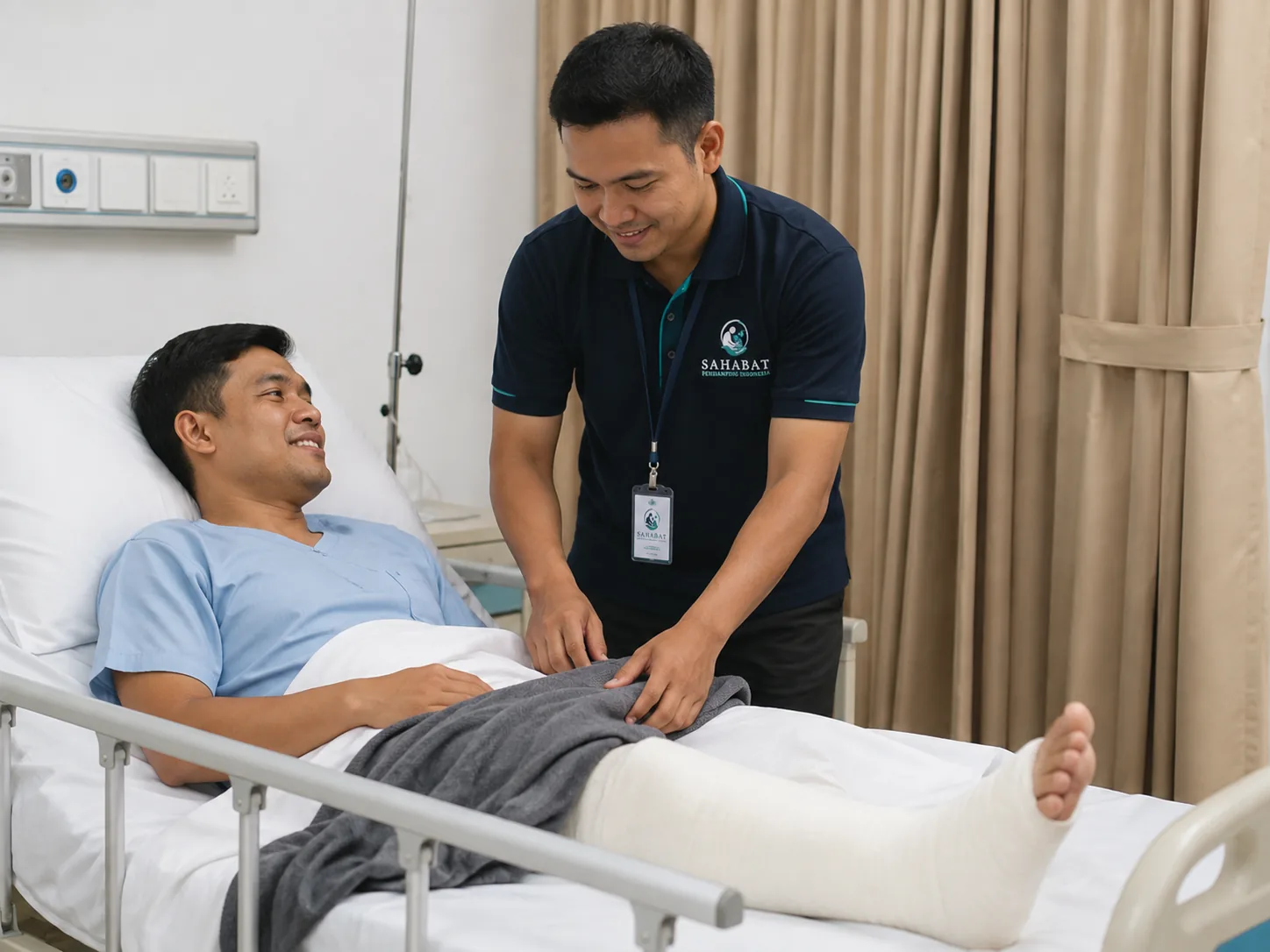 Pendamping pasien non-medis membantu pasien di rumah sakit